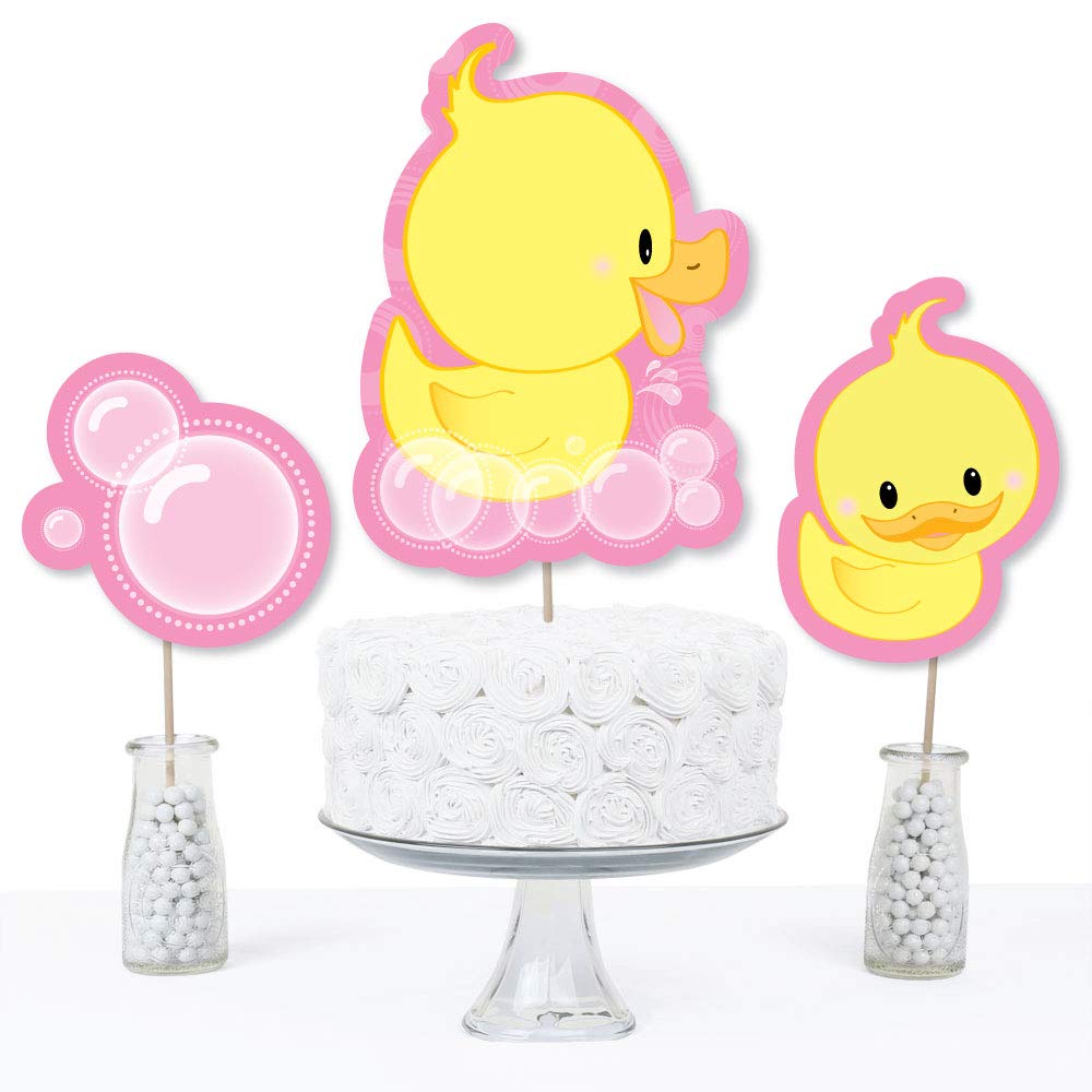 Big Dot of Happiness Pink Ducky Duck - Baby Shower or Birthday Party Centerpiece Sticks - Table Toppers - Set of 15