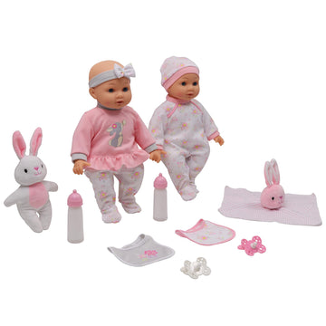 Dream Collection: Deluxe Twin Set - Bunny - 2 Lifelike 14" Baby Dolls, 4 pc Feeding Accessories, Soft Body, Pacifiers, Pretend Play, Kids Ages 2+
