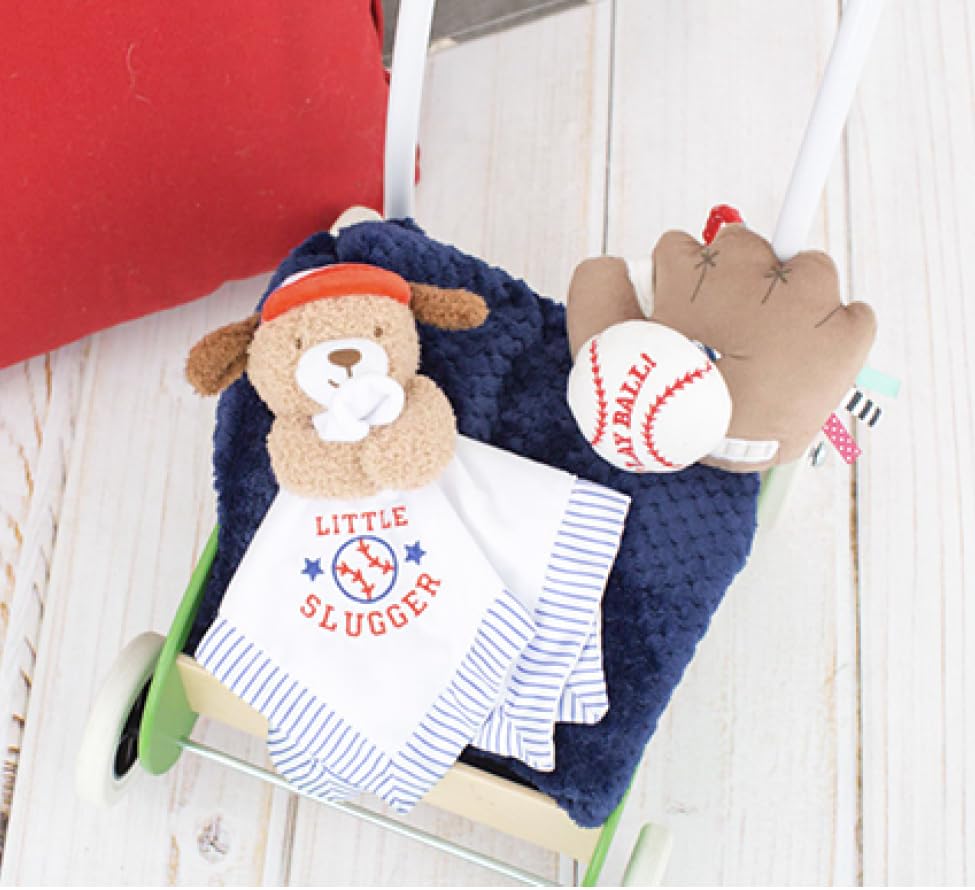 Baby Starters Plush 13 inch Puppy Snuggle Buddy with Toy Rattle, Little Slugger Baseball Embroidery and Satin, White with Stripe Trim