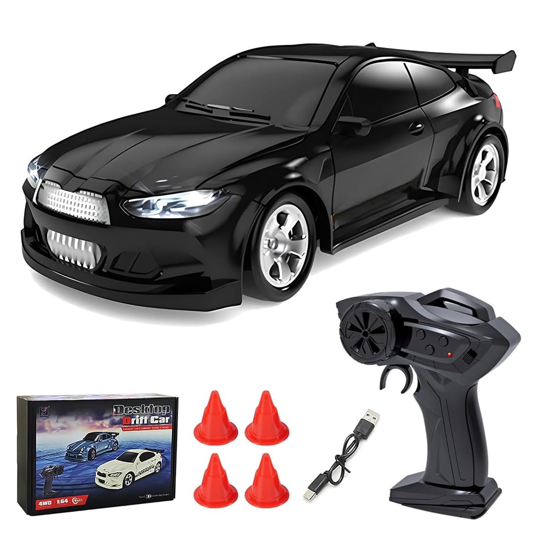 ROUASD Mini Desktop RC Drift Car, 1:64 Scale 4WD High-Speed 2.4Ghz Remote Control Racing Sports Car with LED Lights for Adults Hobbyists