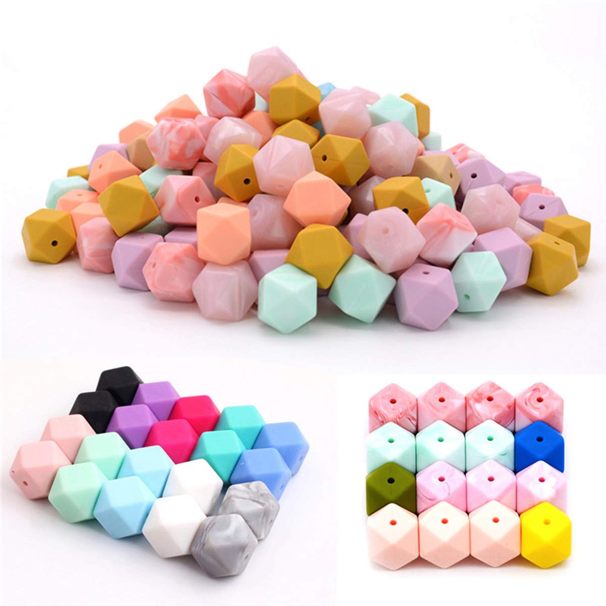 Alenybeby 30pcs 17mm Silicone Hexagonal Pearl Beads Ball Loose Silicone Geometric Hexagon Bulk Bead for Keychain DIY Mom Necklace Bracelet Craft