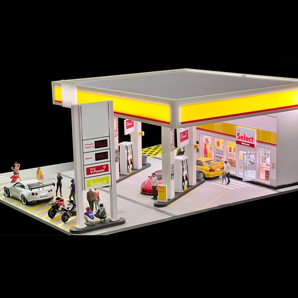 Heligotech 1/64 Scale Gas Station Scene Model, DIY Building Diorama Model Station Building Sets with LED Lights, Creative (Cars & Figures not