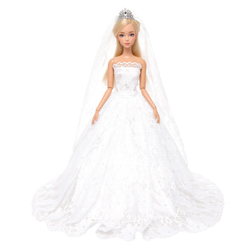 BARWA White Wedding Dress with Veil and Princess Evening Party Clothes Wears Gown Dress Outfit with Hat for 11.5 Inch Girl Doll