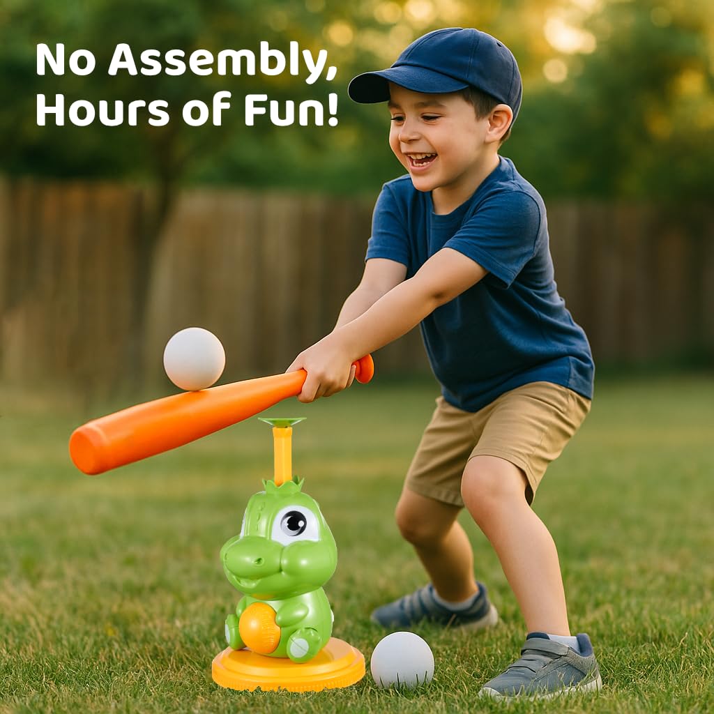 Dinoland Pop-Up T-Ball Set, Green Dinosaur Tee with Bat and 3 Balls, Indoor Outdoor Baseball Training Toy for Kids Ages 3-8