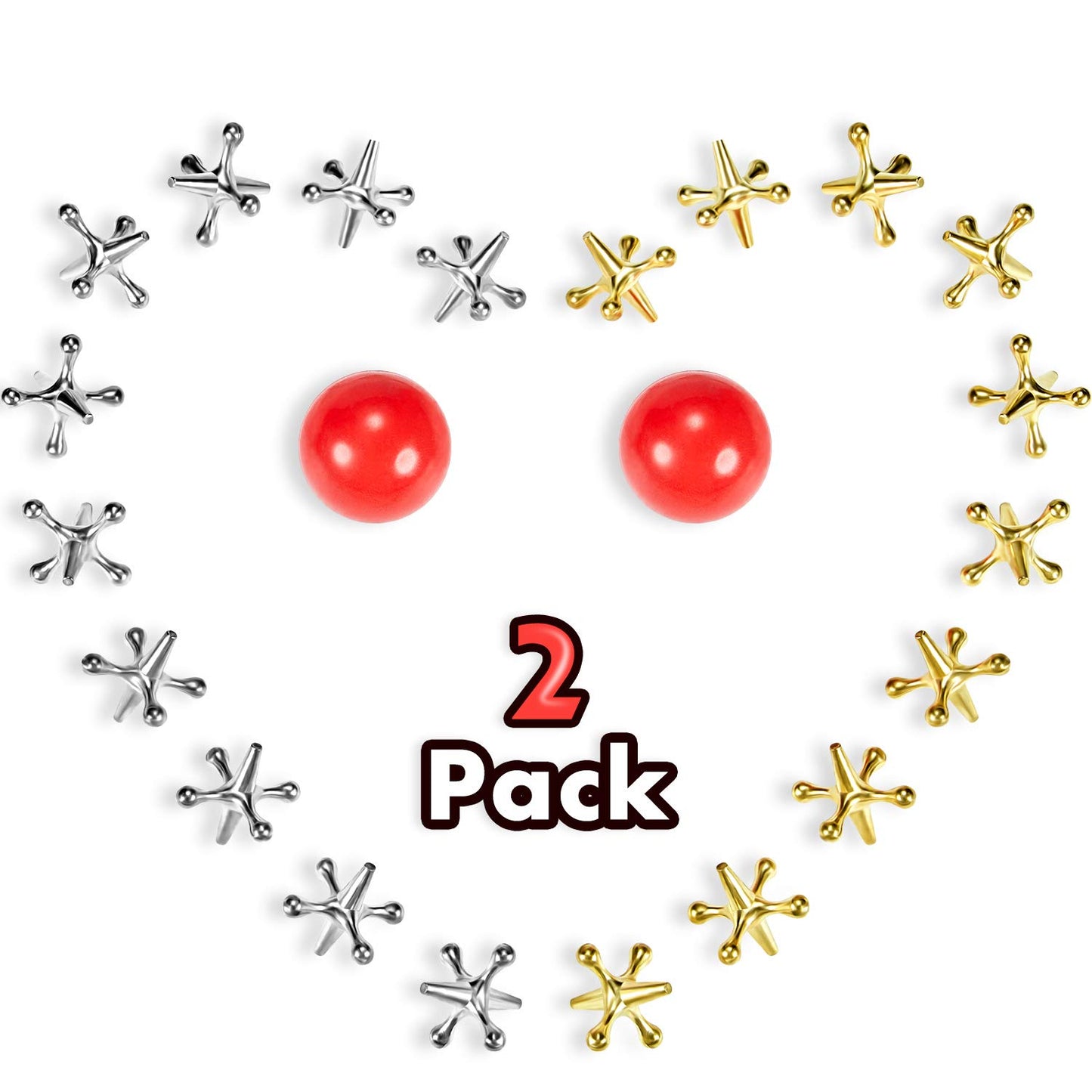 Gejoy 2 Sets Metal Jacks Game with Ball 2 Pieces Red Rubber Balls and 20 Pieces Classic Retro Vintage Jacks Toy for Kids and Adults for Birthday Party