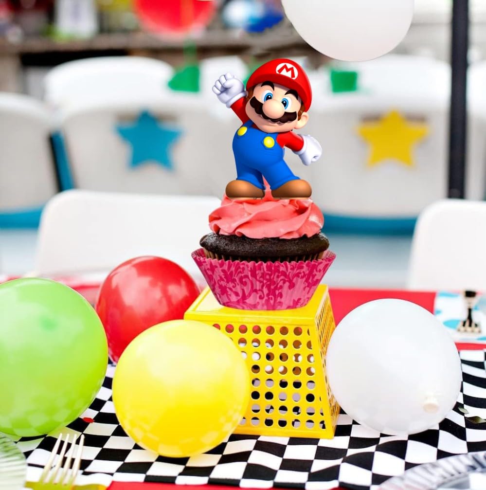 25Pcs Mario Cake Decorations with 24pcs Cupcake Toppers, 1pcs Big Cake Topper for Mario Birthday Party Supplies