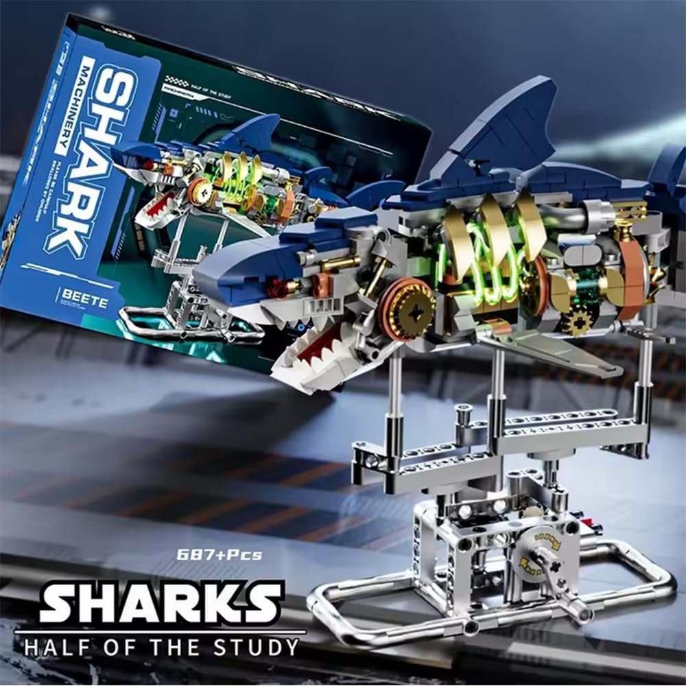 YAOZEBIN Mechanical Shark Building Set for Boys 12-20 with LED Light and Display Stand, 687 PCS Rotatable Function Sea Animal STEM Toy, Home Decor