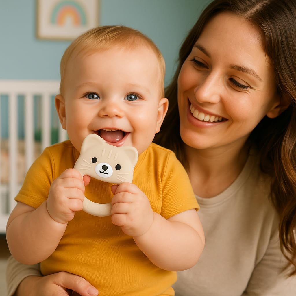 VBRS Baby Teether, Safe Chew Toy for Infants, Soothing Relief for Teething Pain, Cute Animal Shape, Easy Grip for Tiny Hands (Beige Cat)