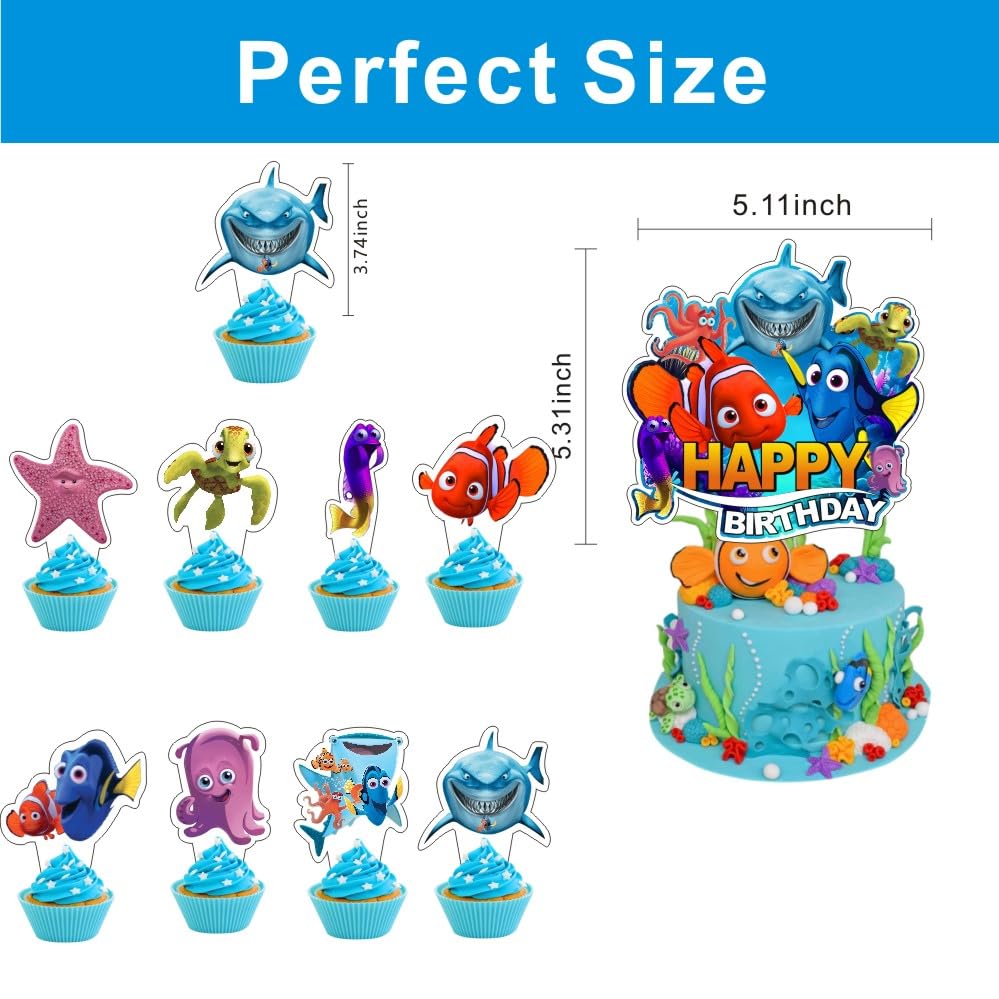 25Pcs Finding Nemo Cake Decorations with 24pcs Cupcake Toppers, 1pcs Cake Topper for Kids Birthday Party Supplies