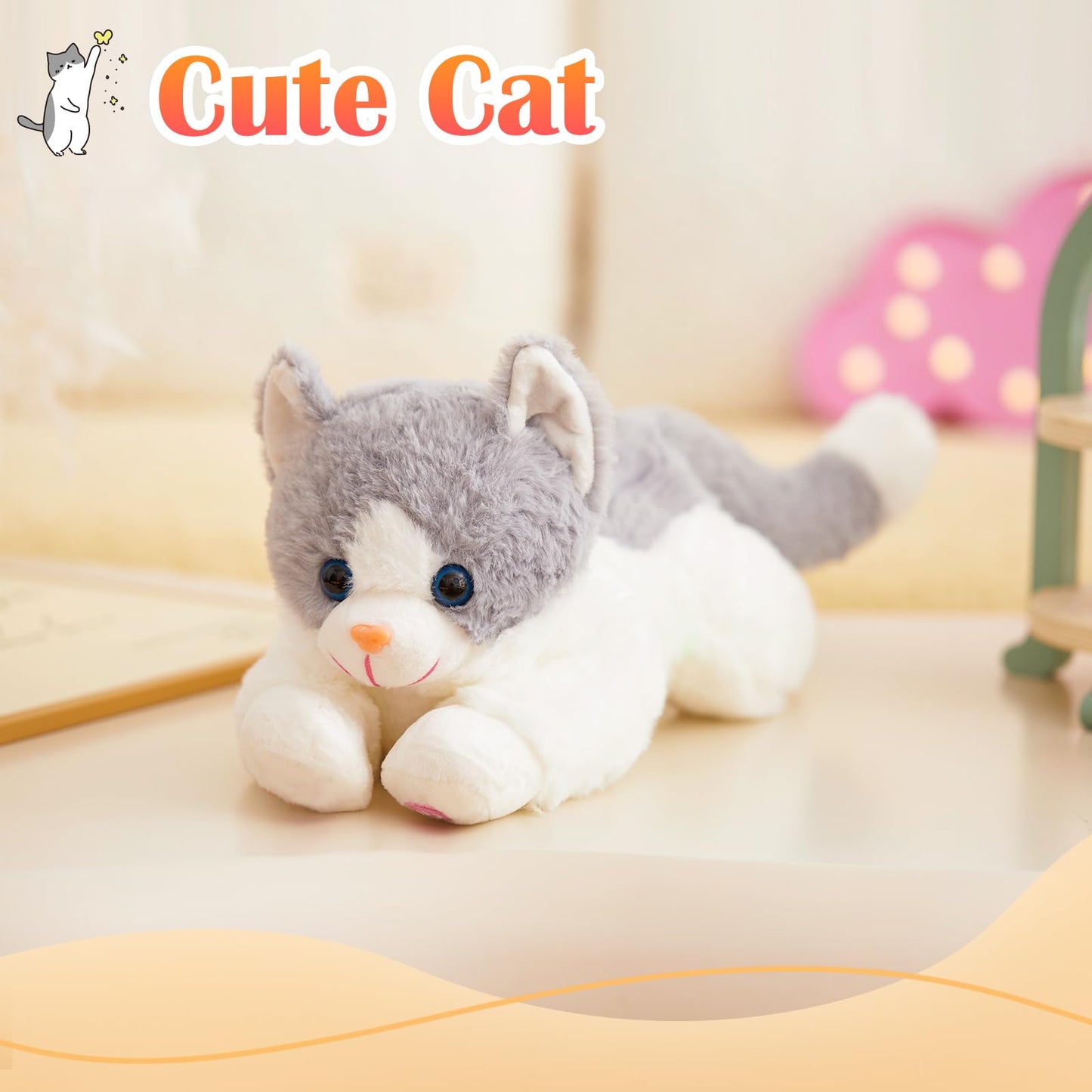 Houwsbaby 15" Gray Light up Kitty Stuffed Animal Cat Floppy LED Plush Toy Kitten Night Lights Glow Pillow Birthday Festival Christmas Halloween