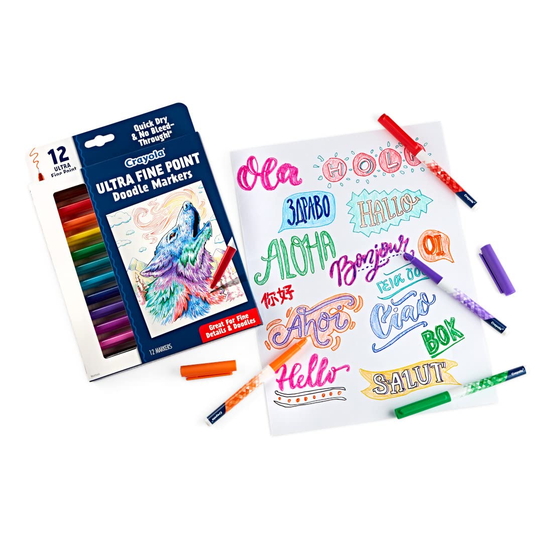 Crayola Ultra Fine Point Markers (12ct), No Bleed Markers for Adult Coloring Books, Doodle Art Marker Set, Lettering, Calligraphy, Drawing