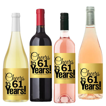 CakeSupplyShop Item#061CWB 61st Birthday/Anniversary Cheers Metallic Gold Wine Bottle Labels-8ct