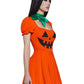 Dolls Kill Pumpkin Dress by Trickz N’ Treatz - Women’s Orange Jack-O’-Lantern Mini Dress with Puff Sleeves & Leaf Collar, Orange, X-Small