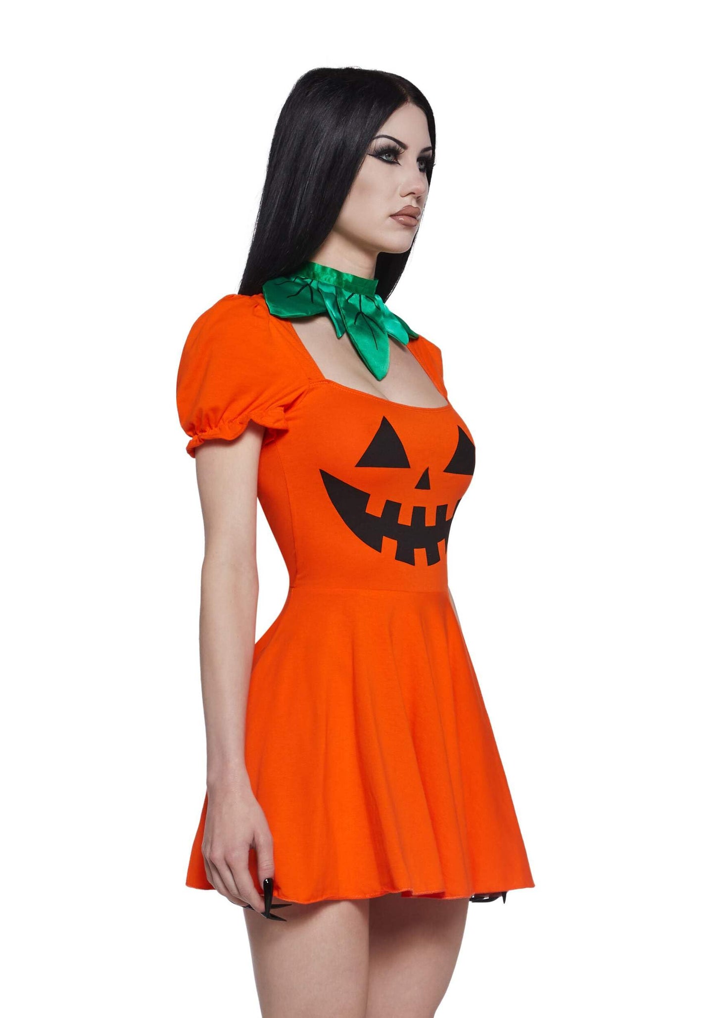 Dolls Kill Pumpkin Dress by Trickz N’ Treatz - Women’s Orange Jack-O’-Lantern Mini Dress with Puff Sleeves & Leaf Collar, Orange, X-Small