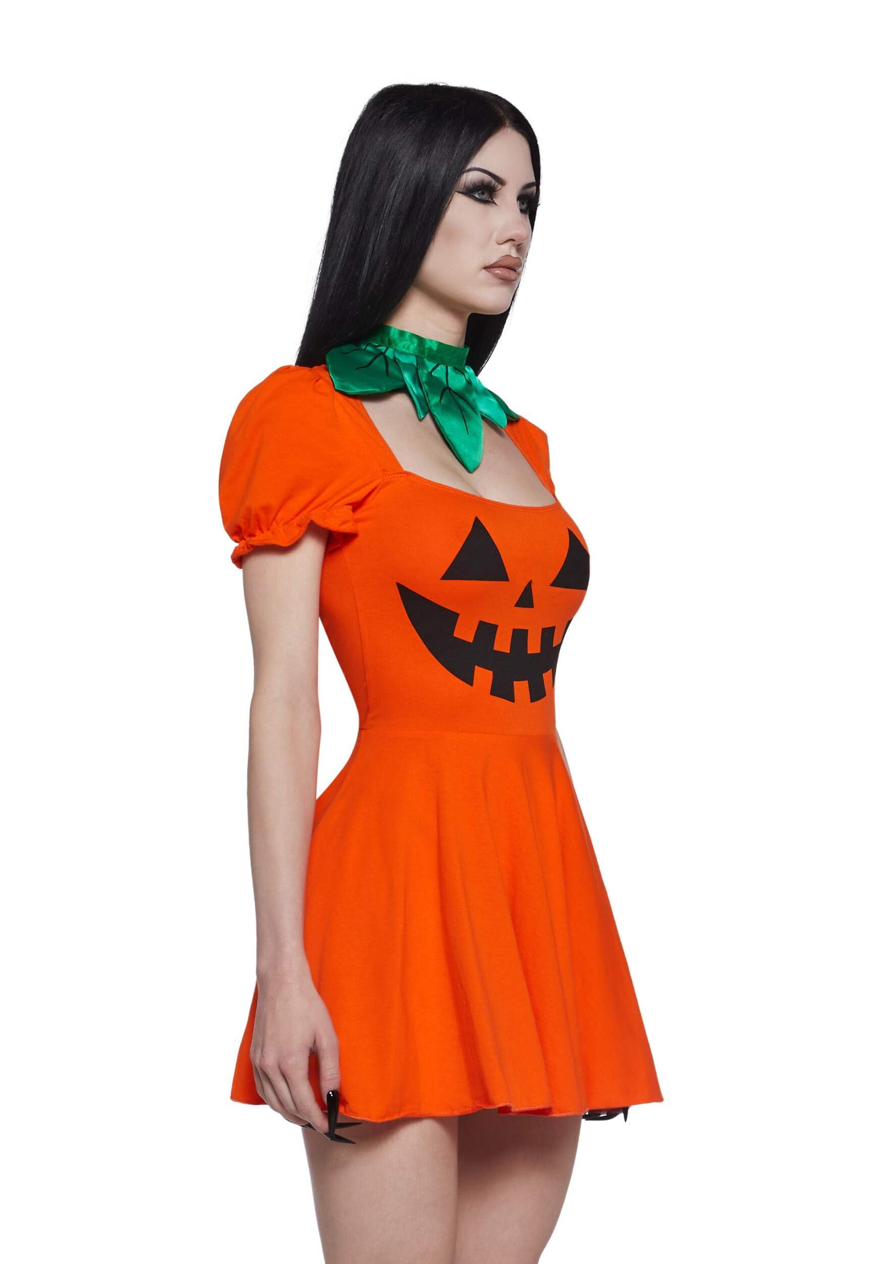 Dolls Kill Pumpkin Dress by Trickz N’ Treatz - Women’s Orange Jack-O’-Lantern Mini Dress with Puff Sleeves & Leaf Collar, Orange, X-Small