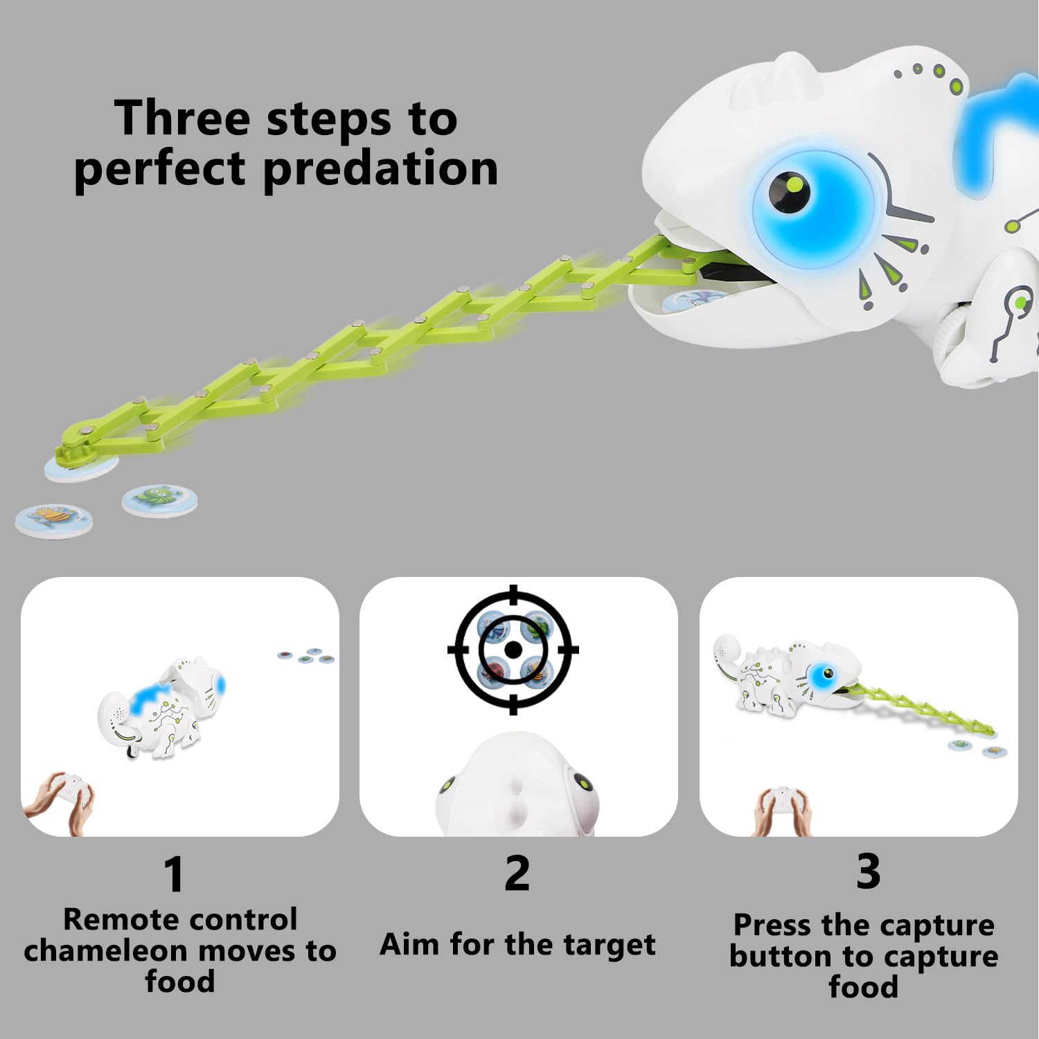 OSQI Interactive Remote Control Chameleon Simulation Toy for Kids - 2.4GHz RC Reptile with 5 Sound Effects, 12 Color Lights, Extending Tongue &