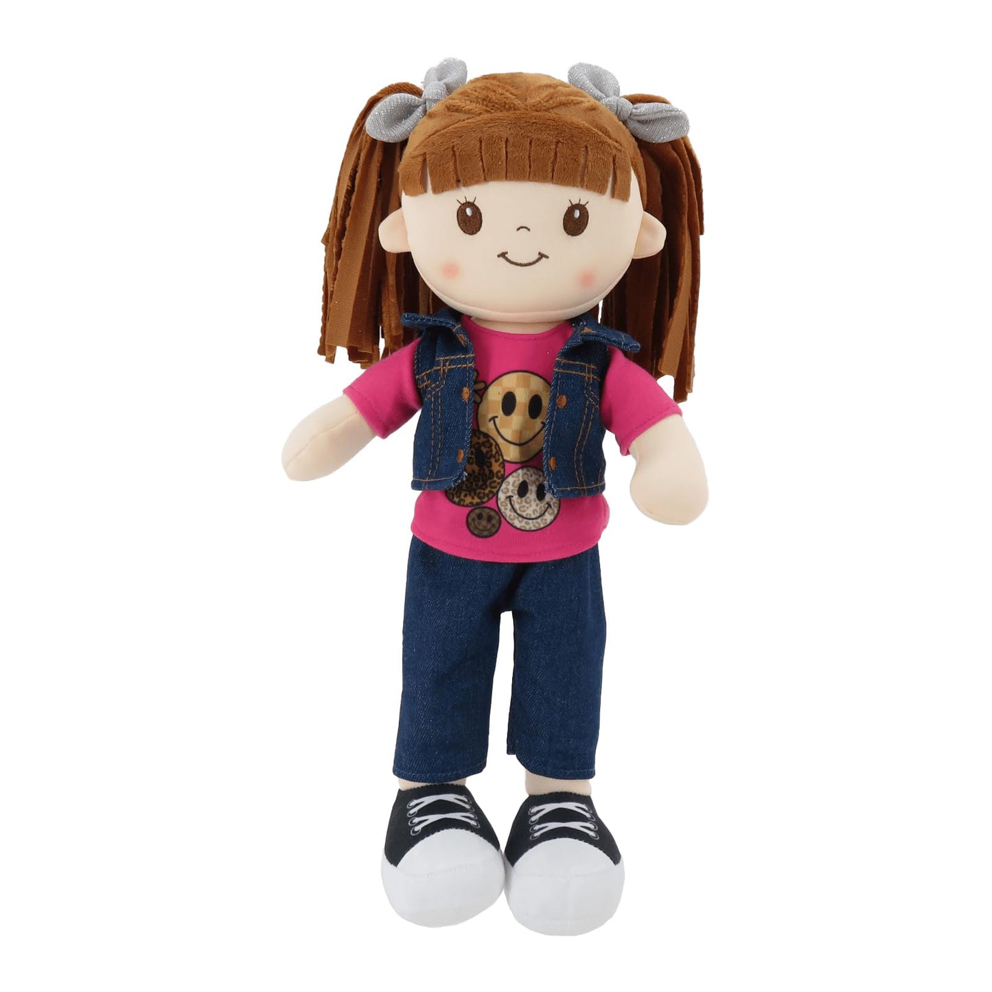 Linzy 15" Little Sweet Hearts Riley Doll for Girls, Soft Plush Rag Doll with Brown Pigtails, Denim Vest & Pink Smile Shirt, Stuffed Play Doll