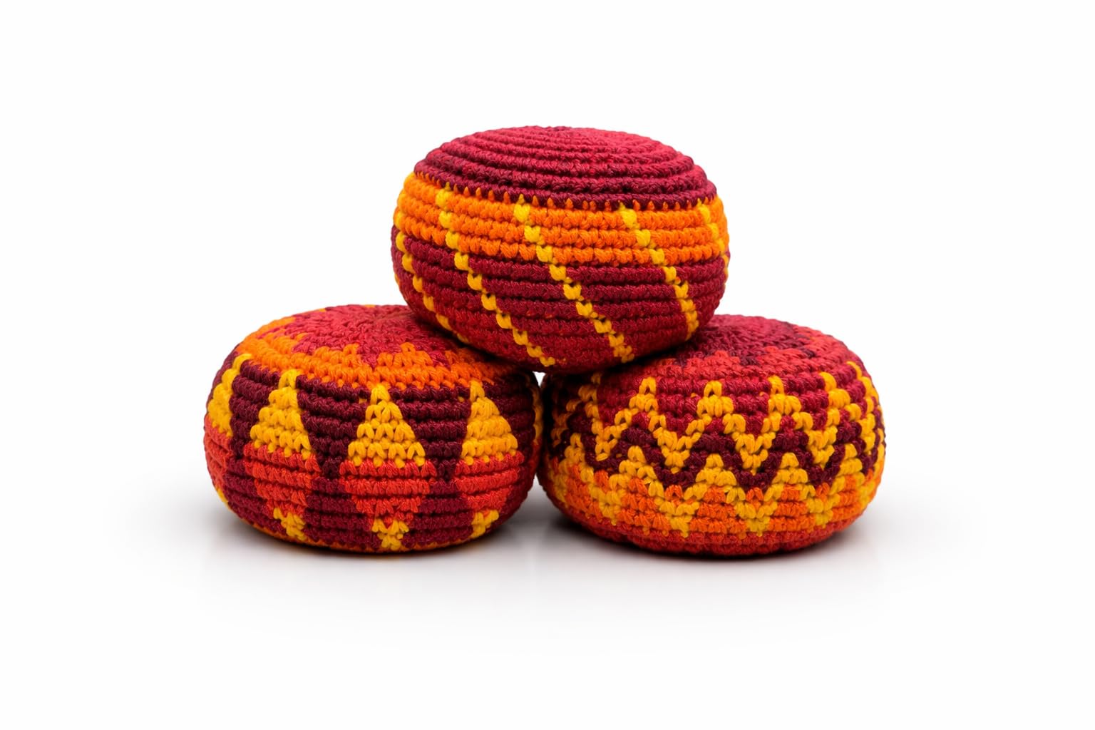 Funny Guy Mugs Footbag Balls 3 Pack Handmade Crocheted Kick Toss Balls from Guatemala Assorted Patterns Ember