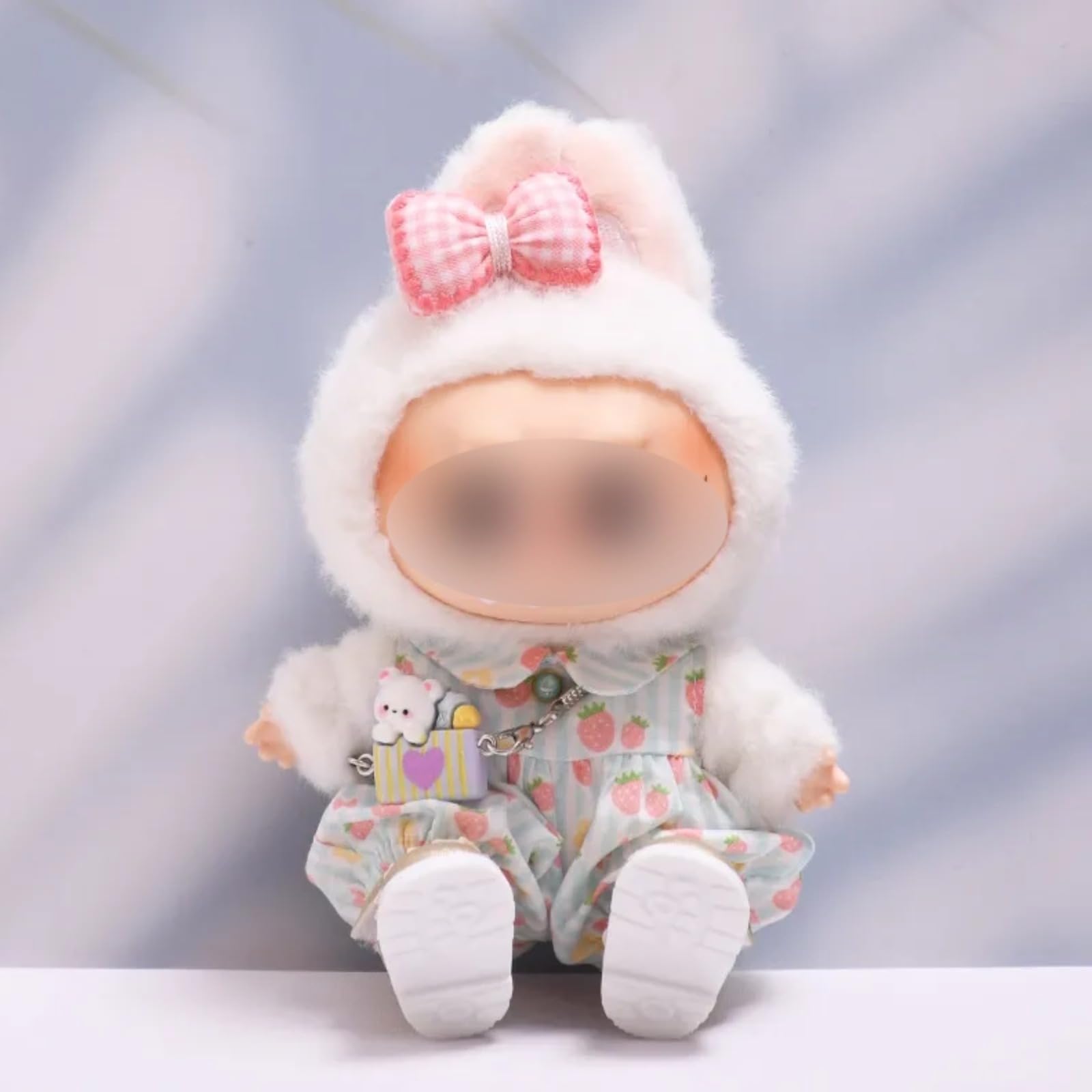 Cute Strawberry Romper Set for Labubu Dolls - Includes Bow, Mini Bag & Ruffled Shoes (Blue)