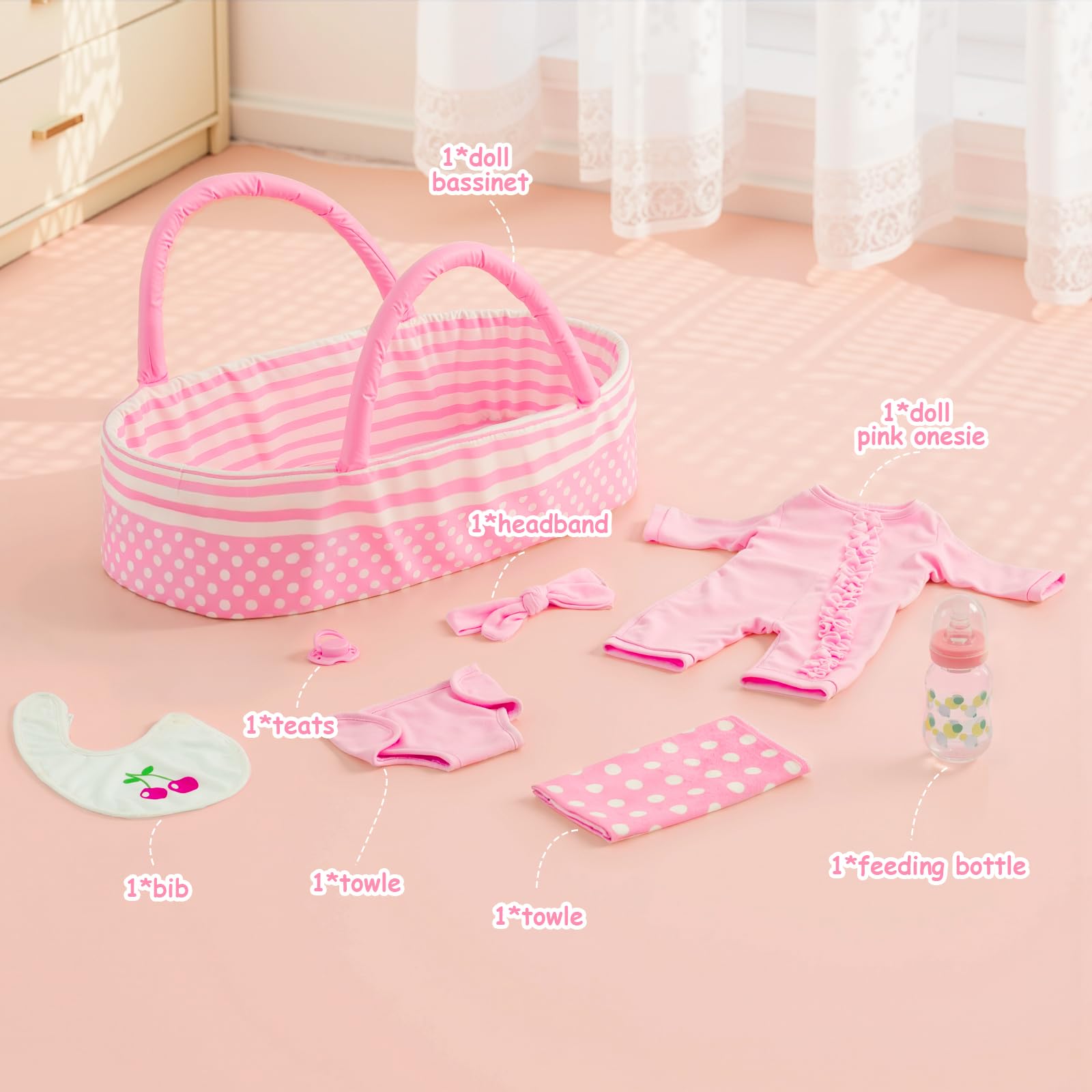 CALiugsi 8 Pcs Reborn Doll Clothes with Bassinet for 17-22 Inch Baby Dolls Outfit Accessories Set with Bunny Toy for Newborn Girl, Pink (Not Doll)