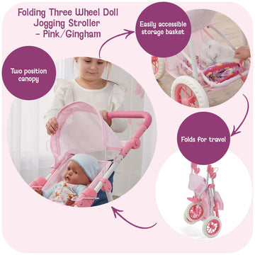Badger Basket Foldable Jogging Style Doll Stroller - Adjustable Handle, Canopy, Straps & Basket - Fits 18-22" Dolls, Lightweight Toy for Girls Ages 3+