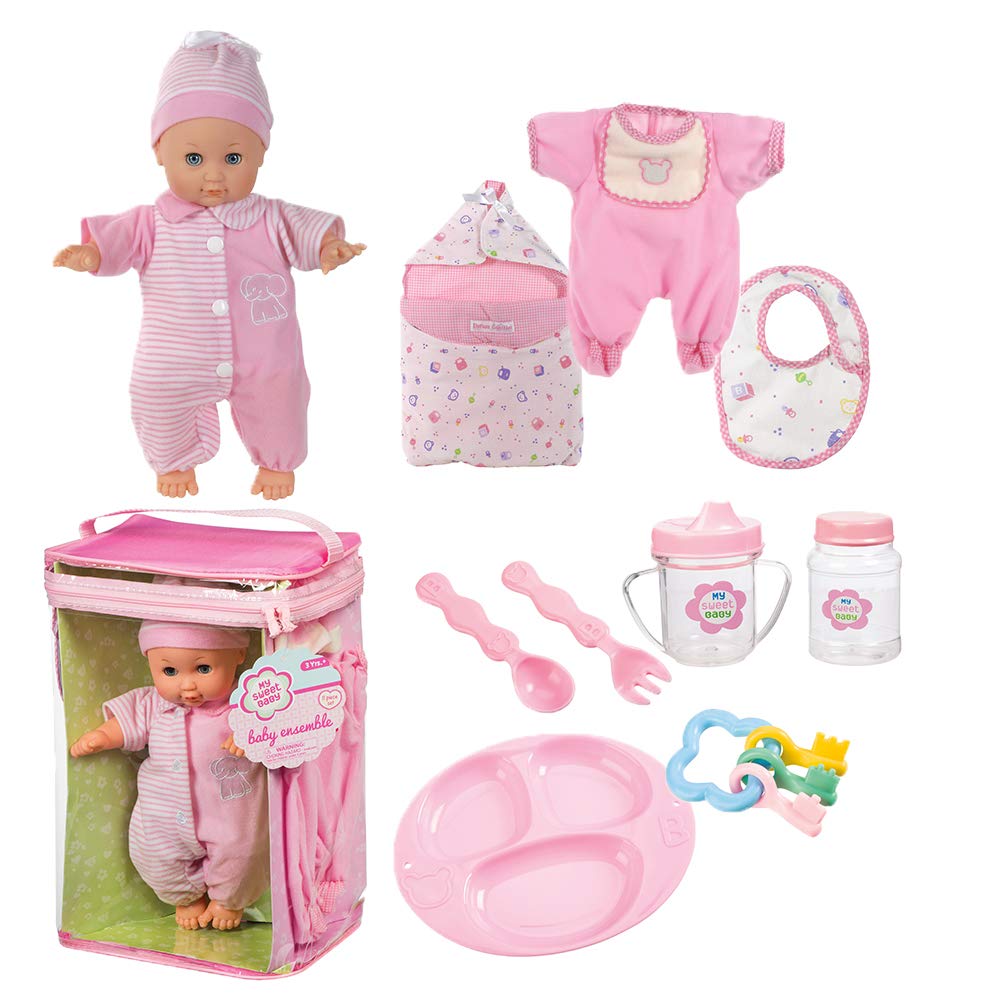 Toysmith Deluxe Baby Ensemble 12- Piece Doll Playset - 11 1/2" soft body doll with change of clothes (clothing may vary)