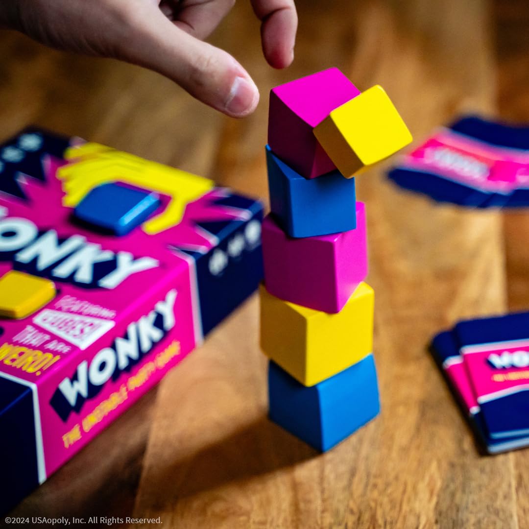 Wonky: The Unstable Party Game, An Abstract Strategy and Dexterity Wooden Block Stacking Game for All Ages, Tower Balancing Game, 9 Colorful Wooden