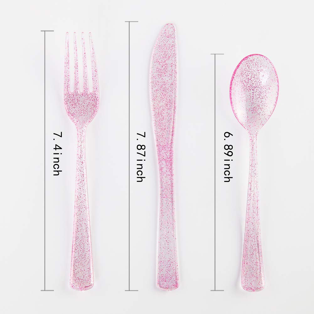 WDF Rose Gold Pink Plastic Plates with Pink Plastic Silverware include 40 Dinner & Salad Plates, 40Forks, 40 Knives, 40 Spoons for Party Baby Shower