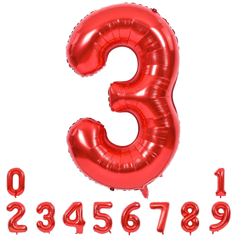 TONIFUL 40 Inch Red Number 3 Balloons Large Foil 3rd Birthday Decorations