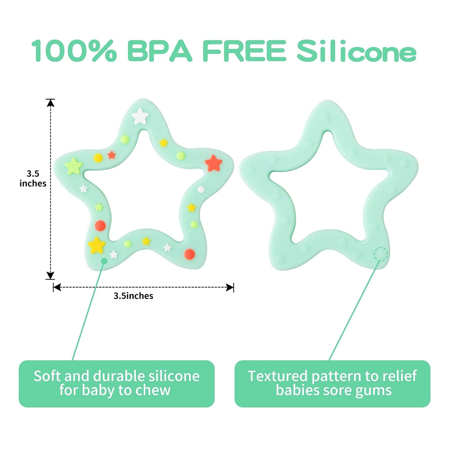 Jimibaby Silicone Star Teether, The First Teething Toy for Baby Boys and Girls,100% BPA Free, Easy to Hold, Freezer Safe (Mint Star)