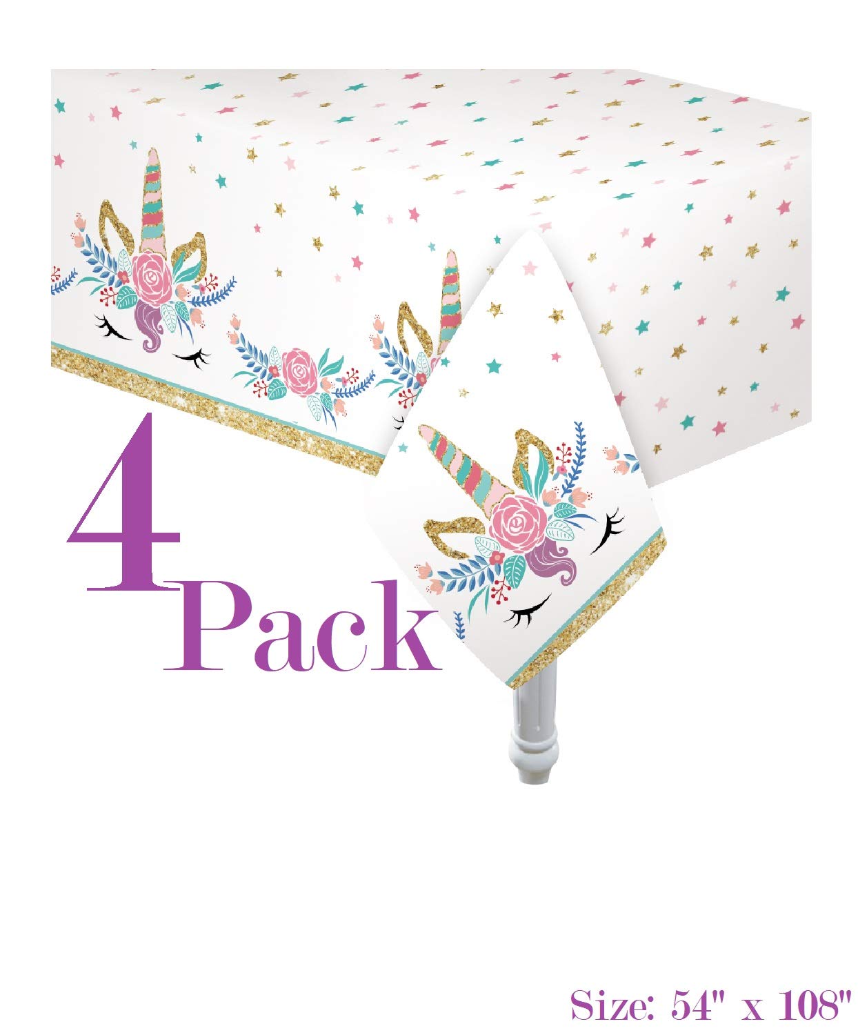 Oojami 4 Pack Unicorn Tablecloths for Girls Birthday Party, Spa Party Decorations, Makeup Party Supplies, 54 x 108 in Plastic Table Covers with 2