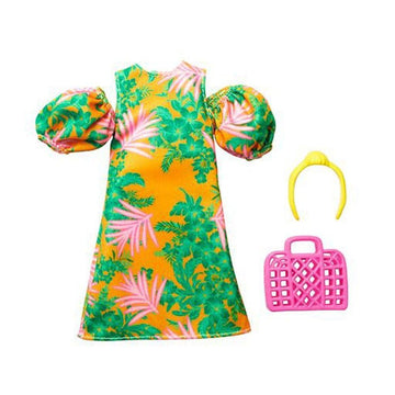 Barbie Fashion Pack HBV32 Pink Tropical Dress with Luminous Sleeves and Yellow Band and Handbag