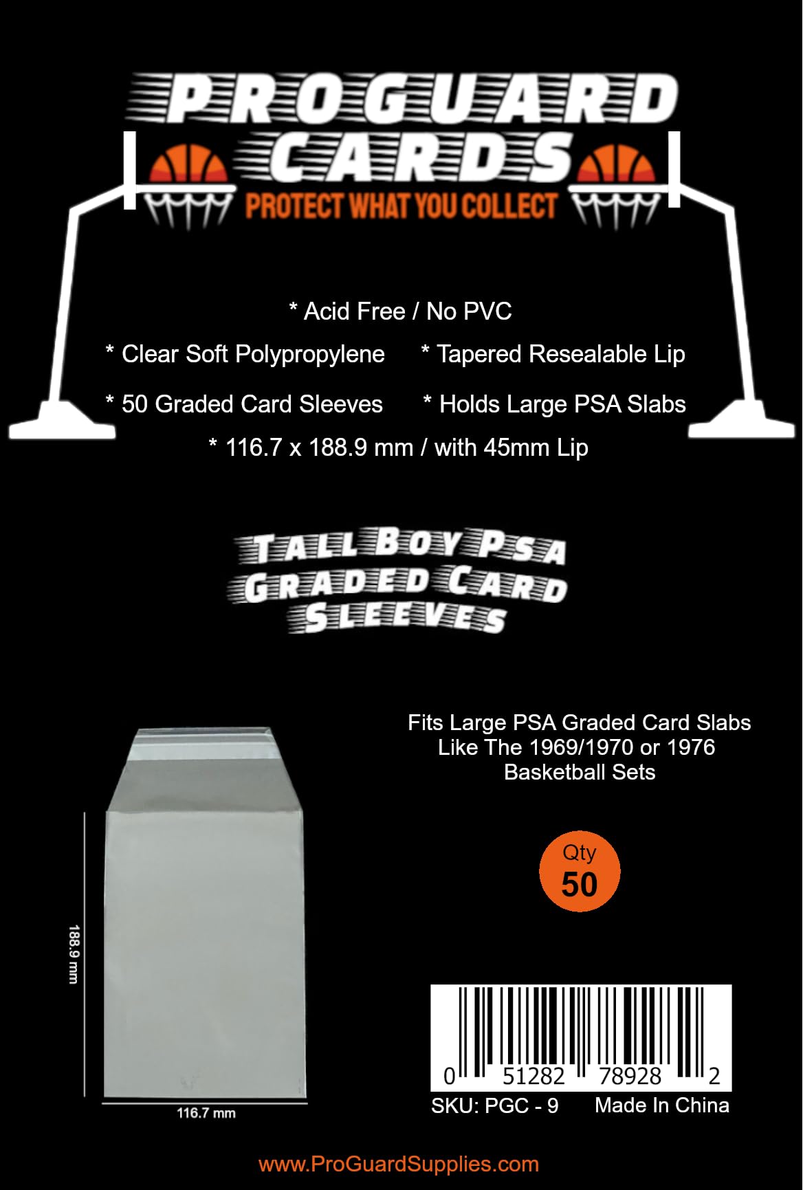 ProGuard Cards Tall Boy PSA Graded Card Sleeves - Holds Large PSA or SGC Slabs - 50 Sleeves per Pack