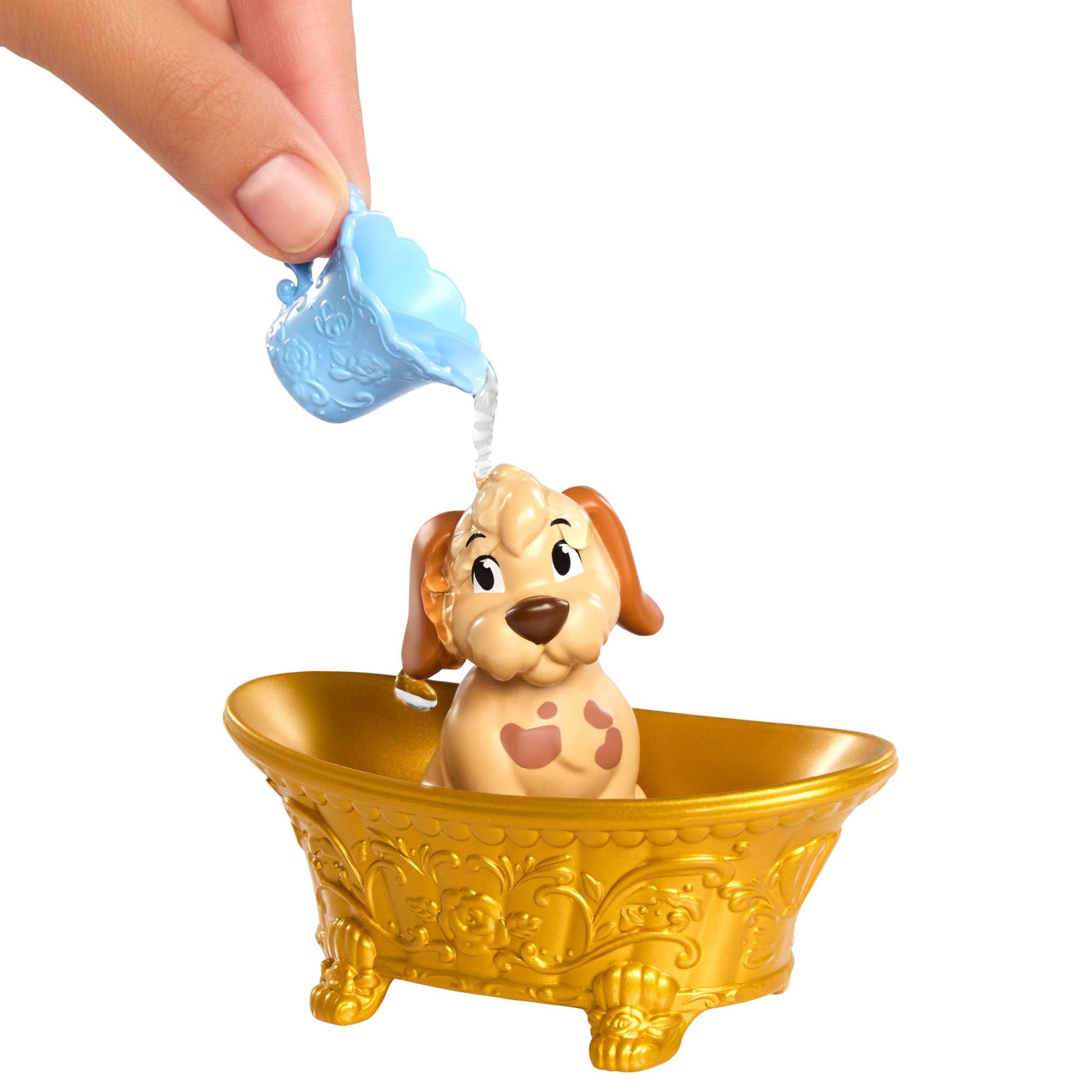 Mattel Disney Princess Belle Fashion Doll & Dog Figure with Color Change Spots, Bathtub, Brush & Hair Accessories, Inspired by Beauty & The Beast