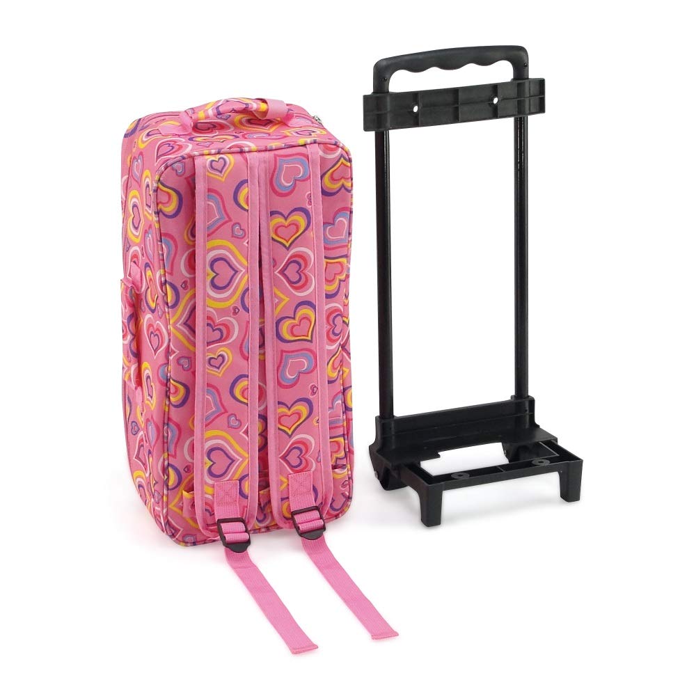 Emily Rose 14 Inch Doll Travel Carrier Backpack - Pink Hearts Design with Wheeled Trolley, Removable Bed & Bedding - Compatible with Wellie Wishers
