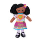 Personalized Planet Rag Doll with Custom Name Embroidered | Black Girl Dressed in Floral Skirt with Stripped Stockings and Pink Apron | Black Hair