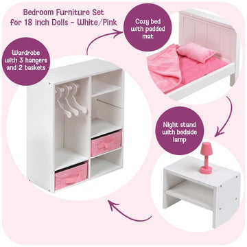 Badger Basket 13-Piece Bedroom Furniture Set for 18 Inch Dolls - Includes Bed, Armoire, Nightstand & Accessories