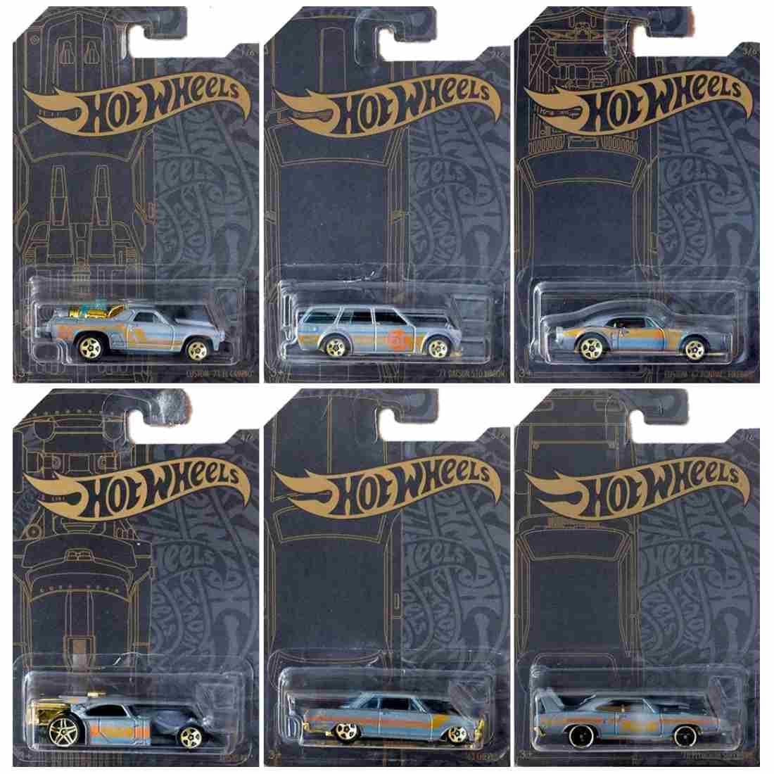 Hot Wheels 51st Anniversary Satin & Chrome Series Set of 6 Cars, Custom '71 El Camino, 71 Datsun 510 Wagon, '67 Pontiac Firebird, Aristo Rat, 63 Chevy