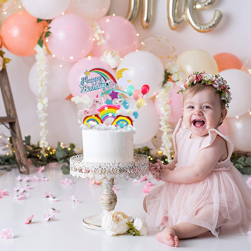 MOVINPE Unicorn Cake Topper, 2 Magic Unicorns Sculpture, 1 Rainbow, 1 Happy Birthday Banner, 2 Cloud, 4 Balloon, 12 Stars, 1 Moon, Cake Decoration