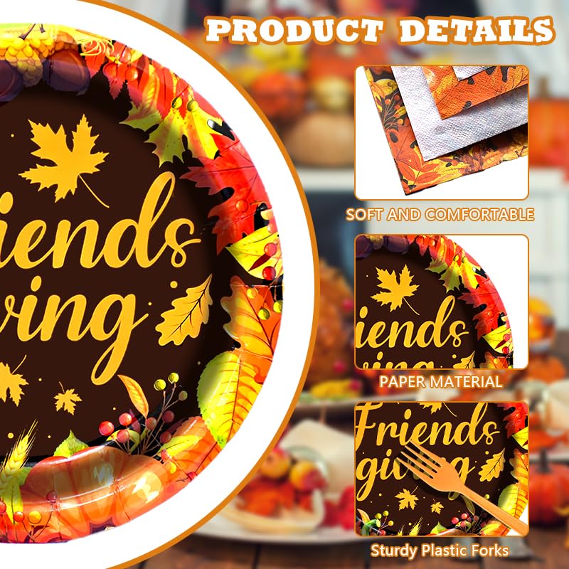 96 Pieces Friendsgiving Tableware Set Party Supplies - Fall Thanksgiving Pattern Disposable Dinnerware with Paper Plates, Napkins, Forks for Autumn