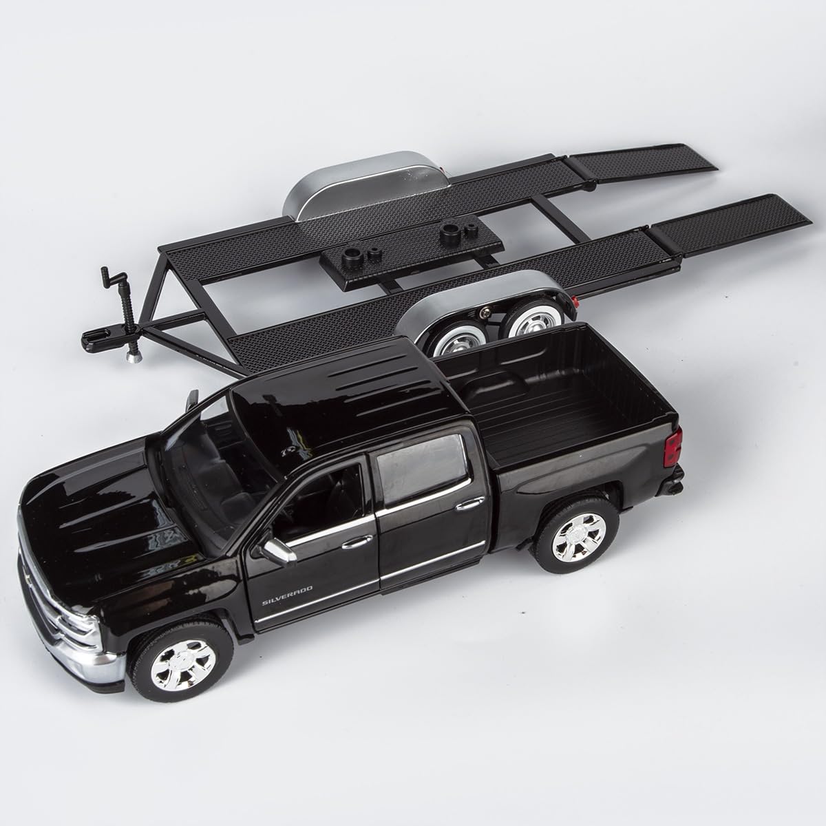 Motormax 2018 Chevy Silverado 1500 LTZ Crew Cab Pickup Truck with a Car Hauler, Truck & Tow Trailer Combo, 1/27 Scale Diecast Model, Black, All Star