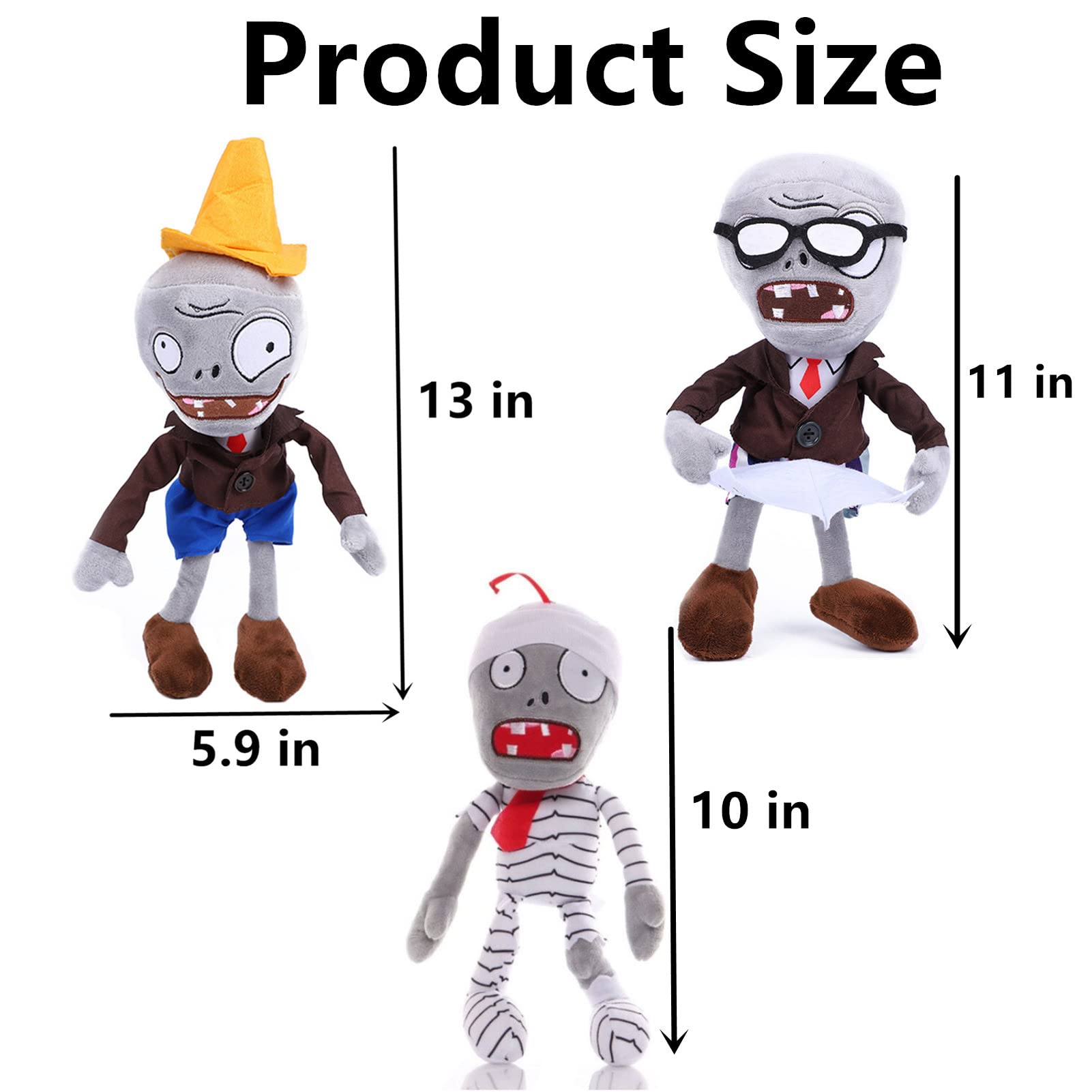 JHESAO 3 PCS Plants and Zombies Conehead Plush Sets Toy, 1 2 Stuffed Soft Newspaper Zombie Doll, Mummy PVZ Figure Doll New