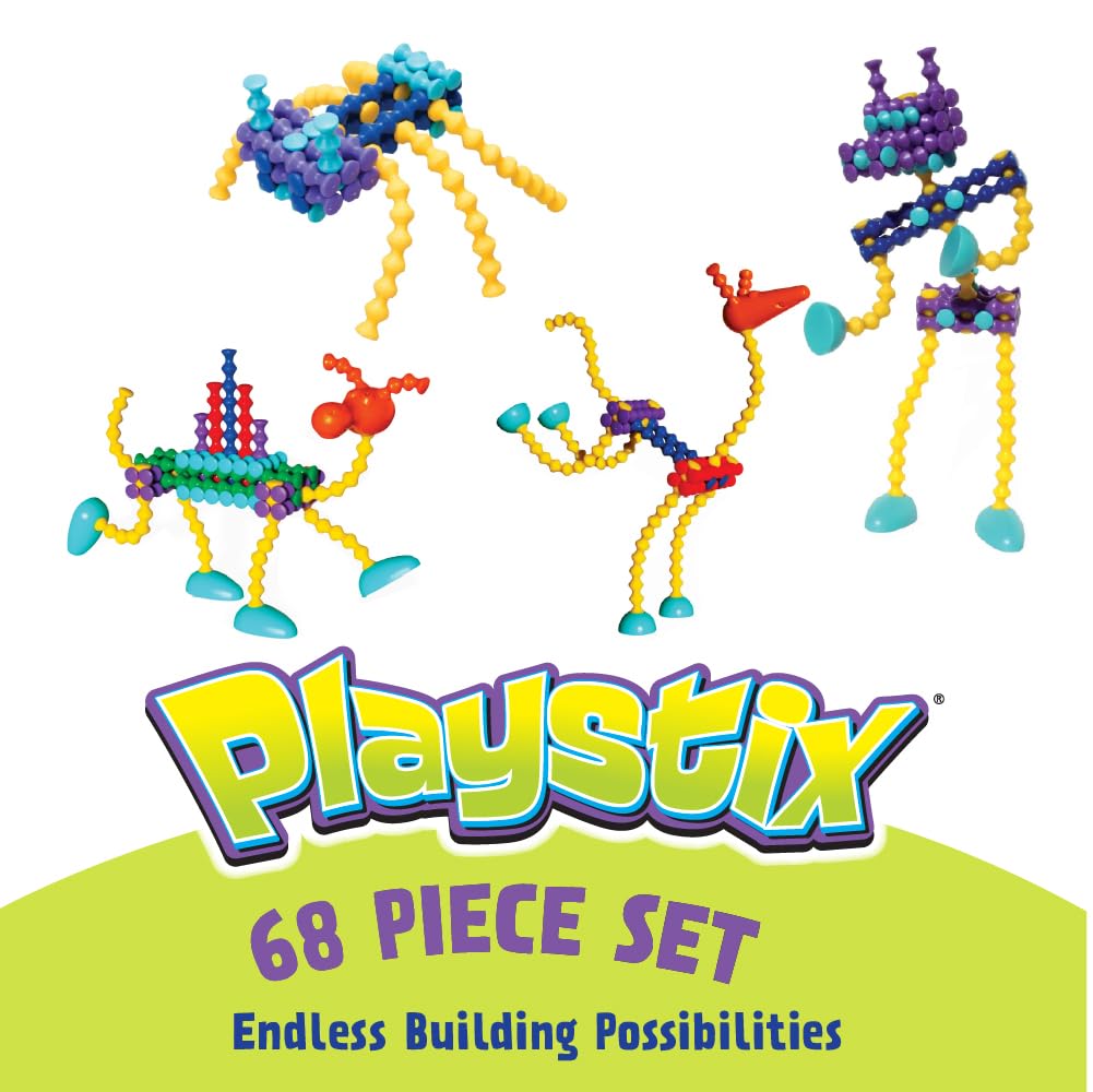 POPULAR PLAYTHINGS Playstix, Building Sticks Kit for Kids, Construction Stem Building Toy Gift for Boys & Girls - Flexible Set 68 Piece