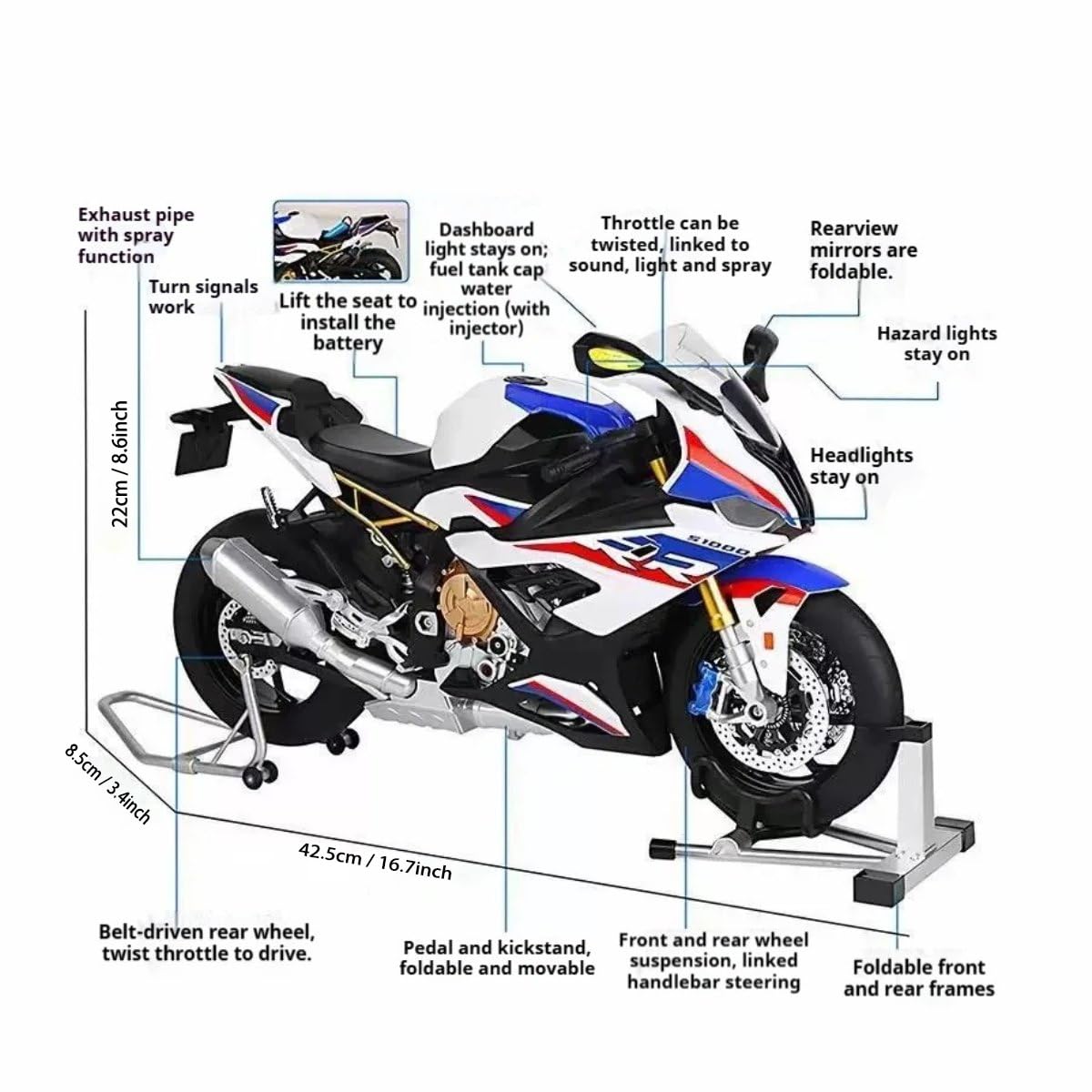 HTLNUZD 1/6 S1000RR Alloy Motorcycle Model with Light & Sound Effects, Ignition & Smoke Spray Simulation Desk Decor Adult Enthusiasts Gift