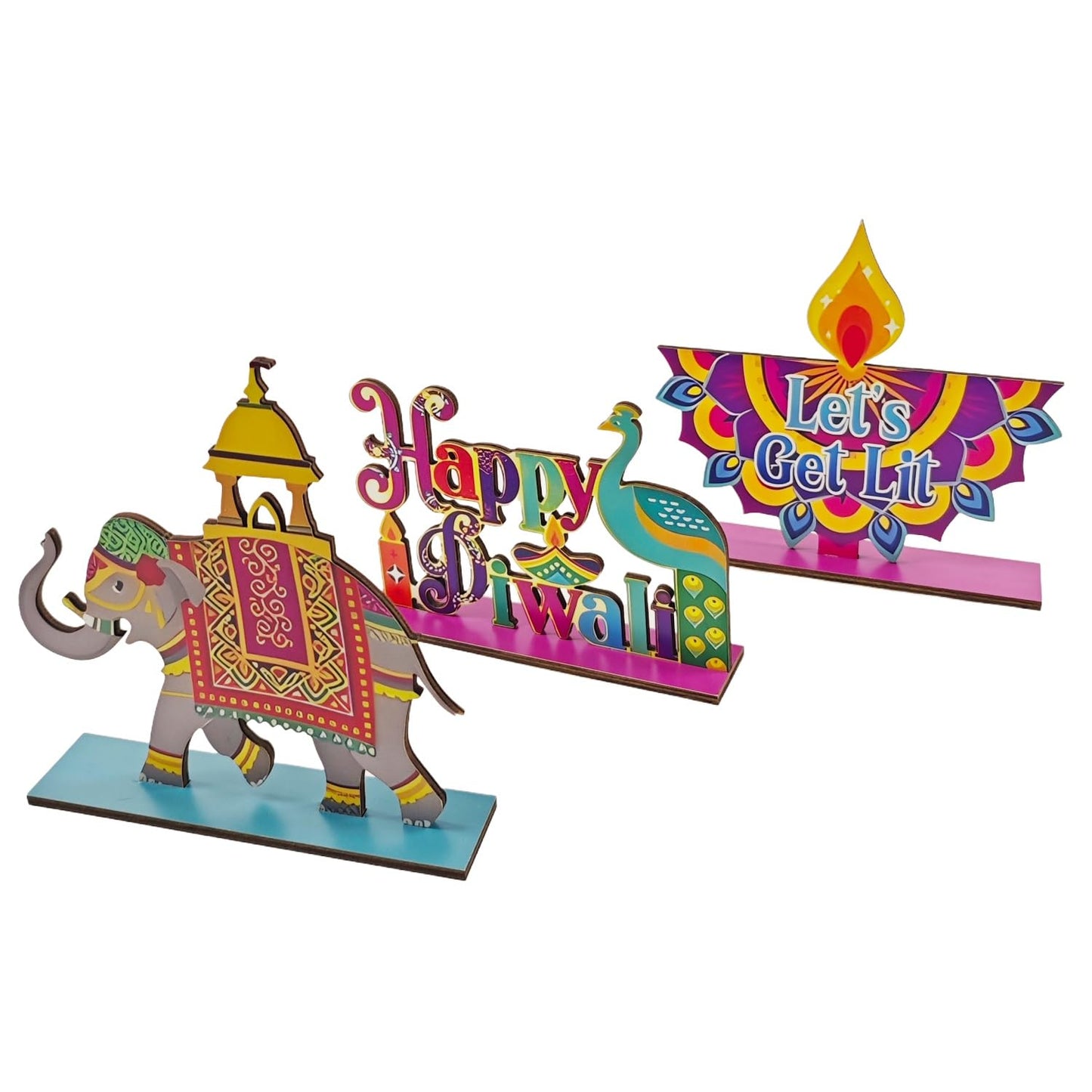 KYMY Diwali Wooden Table Decorations, 3 Pcs Deepavali Rangoli Wood Centerpieces, Festival of Lights Diyas Desktop Signs & Ornaments for Indian Hindu