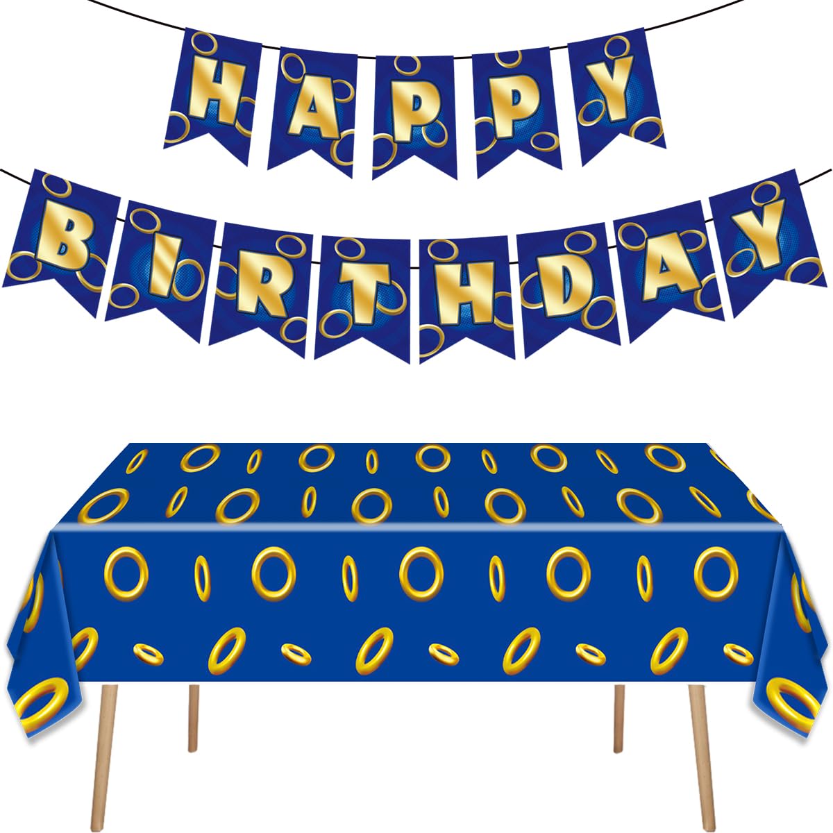 OUAOCZH 2Pcs Blue Gold Ring 108'' x 54 ''Tablecloth and Banner Disposable Rectangle Rings TableCover for Boys Girls Birthday Party Supplies