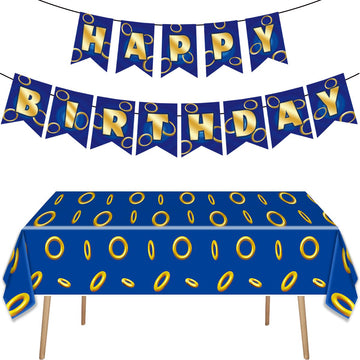 OUAOCZH 2Pcs Blue Gold Ring 108'' x 54 ''Tablecloth and Banner Disposable Rectangle Rings TableCover for Boys Girls Birthday Party Supplies