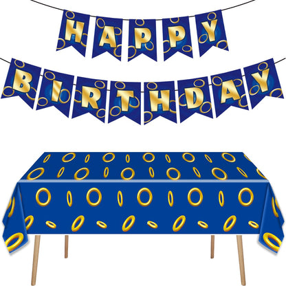OUAOCZH 2Pcs Blue Gold Ring 108'' x 54 ''Tablecloth and Banner Disposable Rectangle Rings TableCover for Boys Girls Birthday Party Supplies