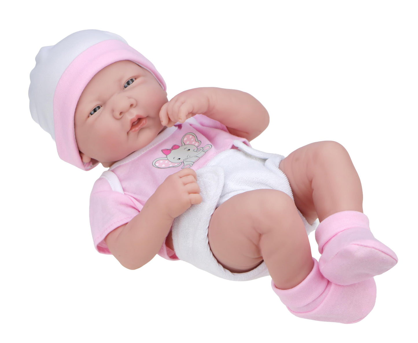 JC Toys Baby Girl 4-Piece Layette Set with Elephant Design, Pink and White, Includes T-Shirt, Cap, Booties and Diaper Made for Dolls 12"-14" Long
