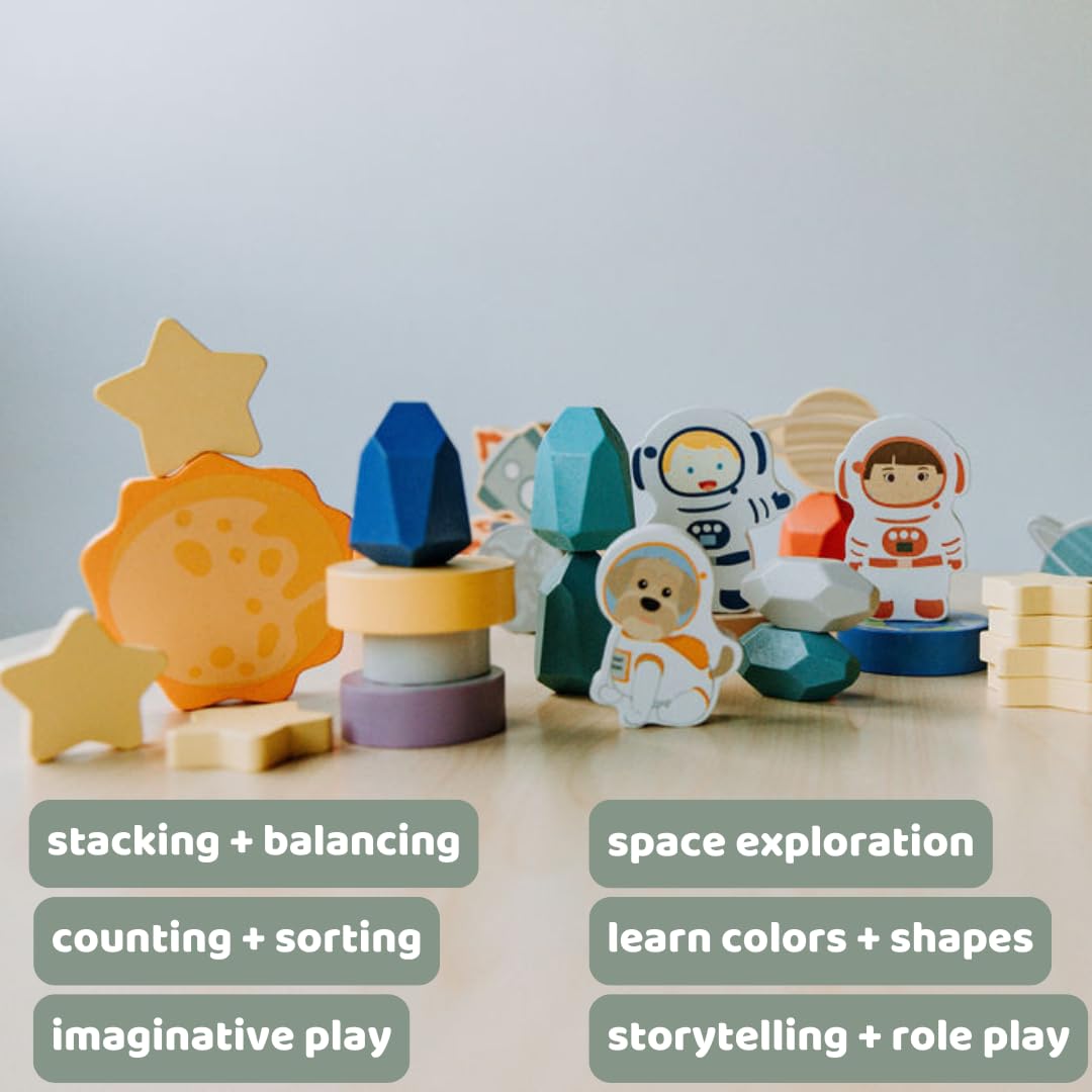Toddler 30 Piece Stacking Wood Blocks Space Gift - Montessori 2 Year Old Fine Motor Skills Toy Learning Stacking Shape Sorter Sensory Preschool Busy